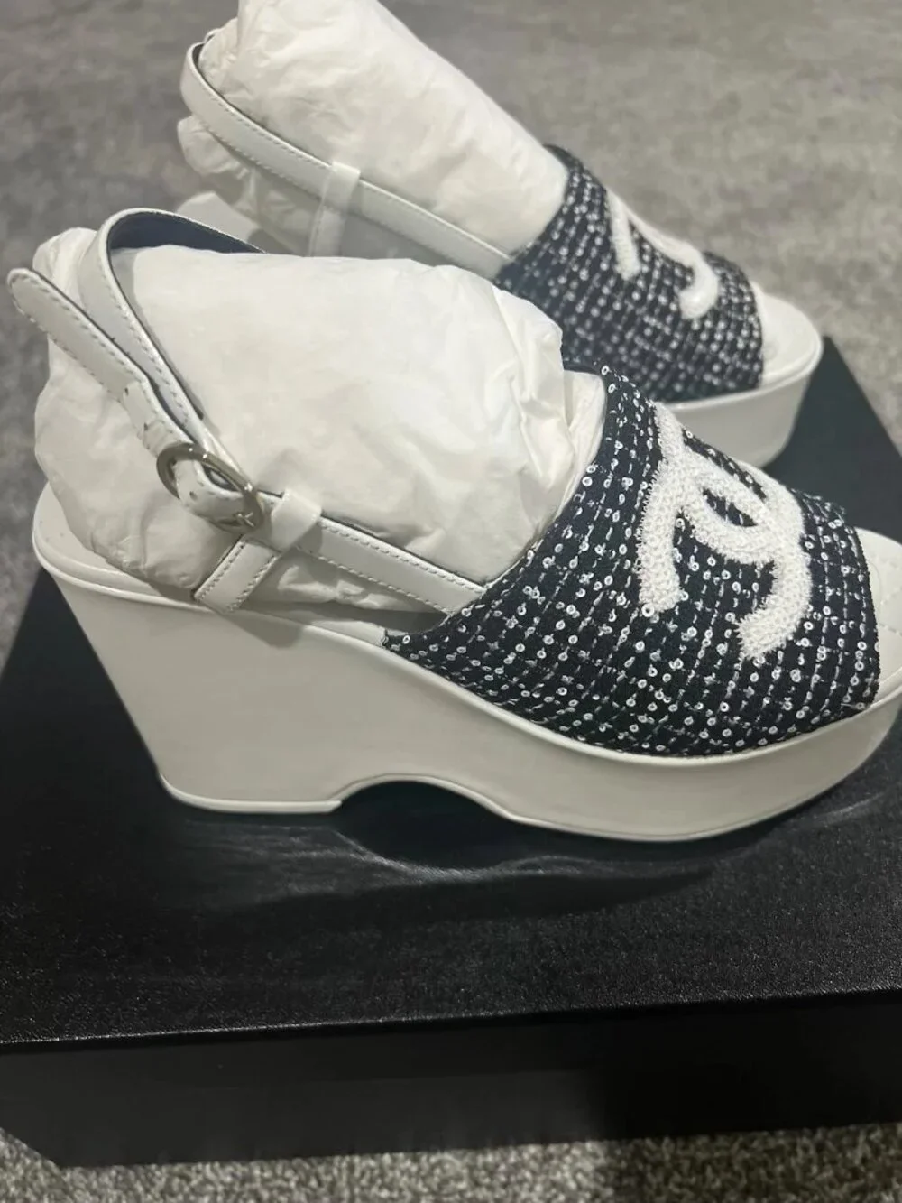 Chanel Tweed Logo Strap Wedge Heel Sandals,